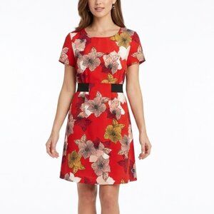 Metaphor Red Floral Short Sleeve Dress Size 14 Elastic Waist Knee Length Retro